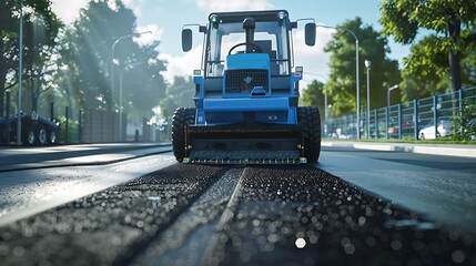During flawless build a blue street rake lays a fresh asphalt on freshly built roadways