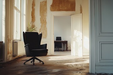 Fototapeta premium A Cozy Office Space Showcasing a Sleek Chair, Natural Light, and a Minimalist Design in a Partially Renovated Room