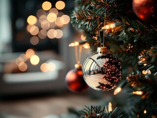 A closeup of ornaments on a Christmas tree