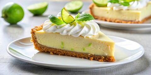 Delicious slice of tangy key lime pie on a white plate, dessert, citrus, refreshing, creamy, sweet, indulgent, bakery