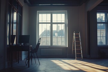 Sunlight Streams Through Large Windows in an Empty Room With a Ladder and a Workspace During Early Morning Hours