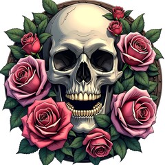 Floral Skull Surrounded by Blooming Roses and Vines in Digital Comics Style. Generative AI.