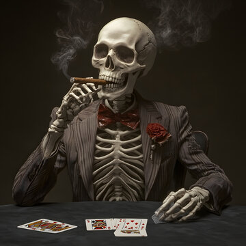 A human skeleton in an elegant suit plays poker with cards. Halloween spooky concept.
