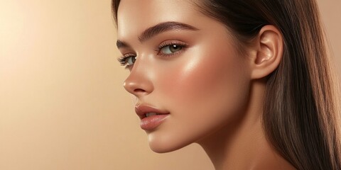 Fototapeta premium Stunning profile of a young woman with radiant skin and soft features. The image captures elegance with warm colors and natural beauty, perfect for beauty and fashion themes. AI