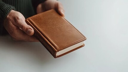 Tranquil Contemplation Close-up of Hands Holding Brown Leather Book on White Surface - Minimalist Still Life for Faith, Literature, and Wisdom Concepts