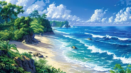A captivating seaside ocean natural scenery. The ocean stretches as far as the eye can see, its waves rolling in with a soothing rhythm. The sky above is a beautiful blend of blues and whites. The san