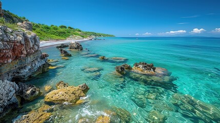 A captivating seaside ocean natural scenery. The ocean stretches as far as the eye can see, its waves rolling in with a soothing rhythm. The sky above is a beautiful blend of blues and whites. The san