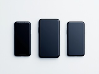 Naklejka premium Sleek Black Smartphone Trio - Minimalist Tech Gadgets on White, Product Presentation, Professional Elegance