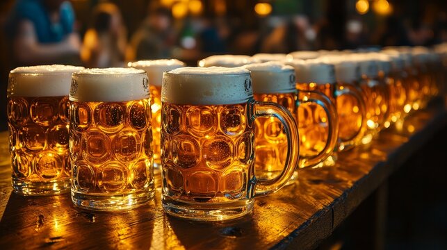 A table at a pub is lined with large mugs of beer. The shallow depth of field creates a sense of focus on the mugs, conveying the idea of beer shared among friends at a German beer festival.