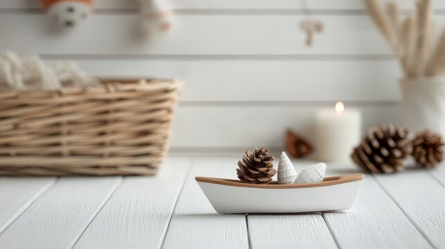 Serene Minimalist Still Life with White Boat Dish, Pine Cone, Shells on Wooden Table