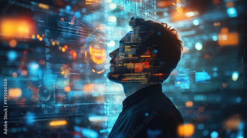 Wall mural silhouette of a man with a beard, partially obscured by a digital interface.
