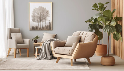 Fototapeta premium Modern Living Room Interior Design with Beige Sofa Wooden Accent Chair and Fiddle Leaf Fig Plant