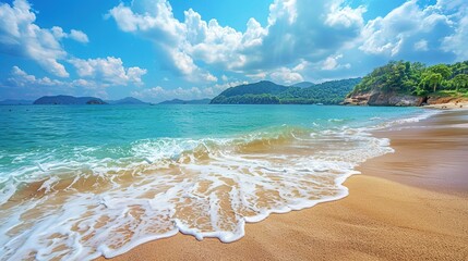 A captivating seaside ocean natural scenery. The ocean stretches as far as the eye can see, its waves rolling in with a soothing rhythm. The sky above is a beautiful blend of blues and whites. The san