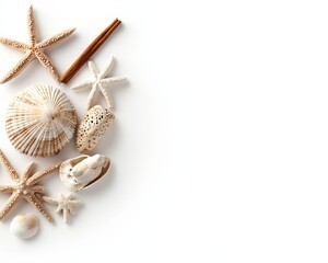 Tranquil Seashell Still Life Arrangement with Starfish on White, Coastal Home Decor Theme, Natural Textures, Serene Oceanic Vibes
