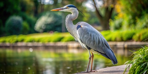 Close up of a gray heron standing gracefully in a park, gray heron, close up, wildlife, feathers, nature, animal