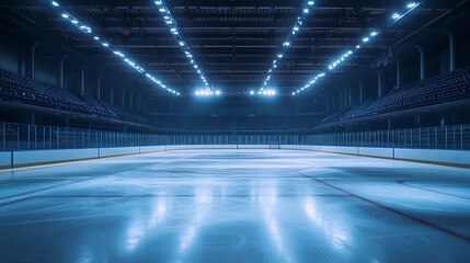 background with a deserted hockey rink, showcasing ice markings, empty stands, and a cool, still atmosphere