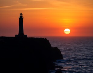 A lone lighthouse stands tall on a cliff, silhouetted against the setting sun, with the vast ocean stretching out beneath it.