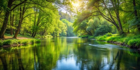 Serene landscape featuring a tranquil river winding through a lush forest, nature, scenic, peaceful, water