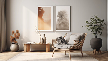 Minimalist Living Room Interior Design with Wooden Chair Coffee Table and Plants