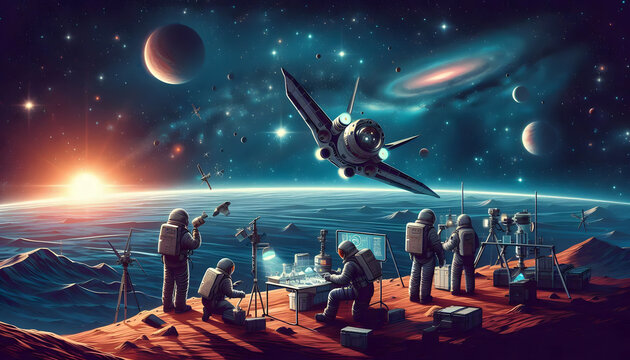 “Human ingenuity meets cosmic beauty as a spacecraft approaches a space station orbiting Earth.