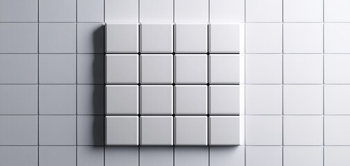 Minimalist Symmetry Close-Up of Glossy White Squares on Monochromatic Grid - Abstract Geometric Art with Tranquil Atmosphere