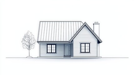Minimalist Line Drawing of Modern House - Symmetrical Architectural Illustration on White Background