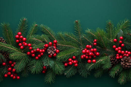 festive border of fir branches with holly berries and pinecones on a green background. Generative AI