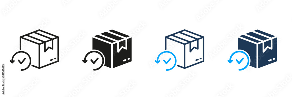 Poster check and return parcel line and silhouette icon set. shipping order package symbol. delivery box wi