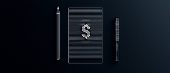 Minimalist Finance Essentials on Dark Blue - Dollar Sign Notepad, Pencil, Ruler - Elegant Symmetry for Business Concept