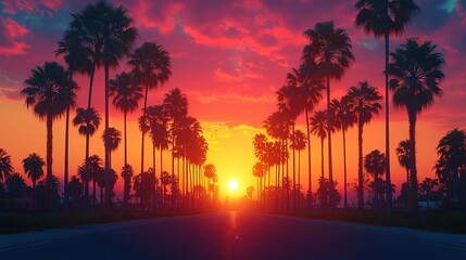 The sky, tinted with an orange gradient, silhouettes tall palm trees.