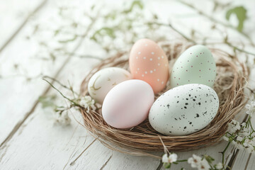 pastel Easter eggs in a wicker basket on a light wooden table, evoking a peaceful spring atmosphere. Generative AI