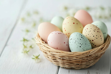 pastel Easter eggs in a wicker basket on a light wooden table, evoking a peaceful spring atmosphere. Generative AI
