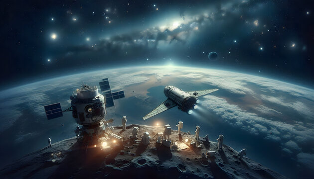 A spacecraft approaches a space station, set against the breathtaking backdrop of stars and galaxies