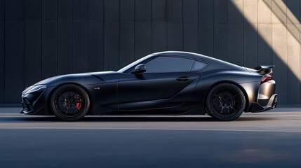 Fototapeta premium Black sports car parked in front of a dark wall with a ray of sunlight on the side.