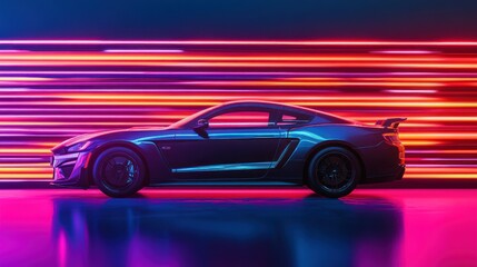 Black sports car with neon light streaks in the background.