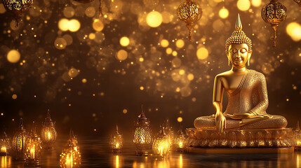 Vesak background with a golden Buddha statue, soft glowing lanterns, and a tranquil atmosphere