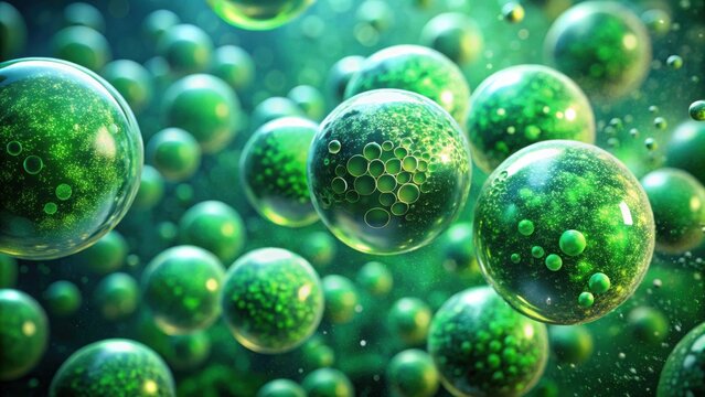 render of abstract green spheres with blurry particles and science texture background overlaid with film emulation effects,