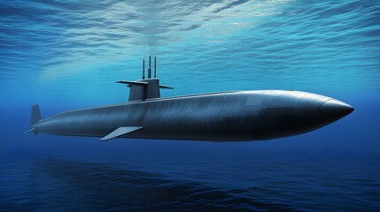 Obraz premium Submarine submerged underwater in a deep blue sea environment.