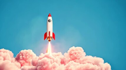 Retro Rocket Launch with Pink Clouds and Blue Sky Background Reflecting a Vintage Space Travel Theme in Vibrant Colors for 3D Illustrations, Posters, and Children's Products with a Futuristic Touch