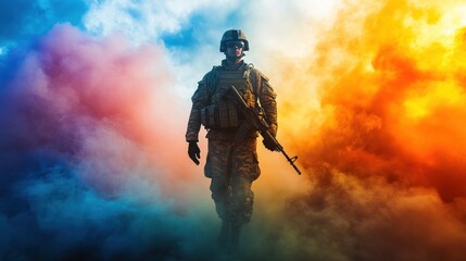 Fototapeta premium Soldier in camouflage gear with a rifle standing in a smoke cloud.