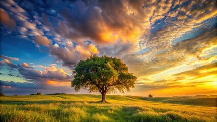 Fototapeta premium Tranquil panoramic rural landscape with tree, meadows, colorful clouds, and golden-blue sky, rural, landscape