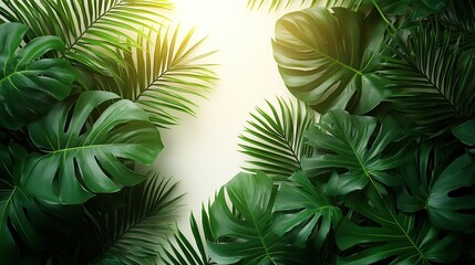 Tropical palm leaves arranged on a white background with space for text.