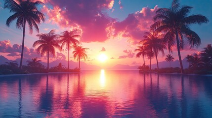 Tropical summer background with a sunset and palm trees in vibrant hues.