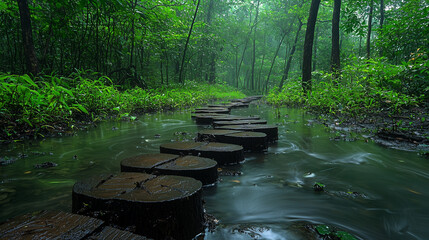 Mystical Forest Path: A winding path of weathered wooden stepping stones leads through a lush, mist-shrouded forest, inviting you to follow its mystical allure.