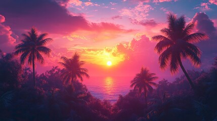 Fototapeta premium Tropical summer background with a sunset and palm trees in vibrant hues.
