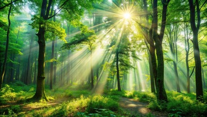Beautiful rays of sunlight streaming through the lush green trees in a tranquil forest setting, sunlight, green, forest, nature