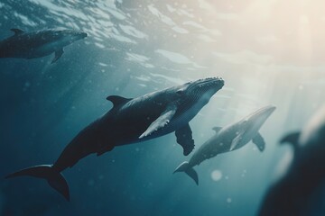 Fototapeta premium Whales Gracefully Swimming in Deep Blue Ocean Water During Sunlight Rays in a Tranquil Marine Environment