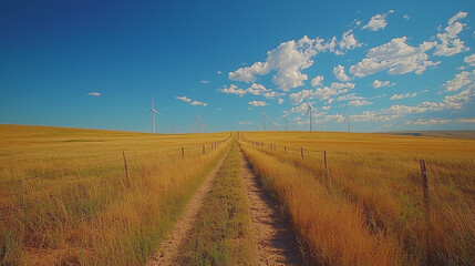 Naklejka premium Dusty Road Ahead: A solitary dirt road winds through a vast golden field, promising adventure and exploration. The sun-drenched landscape beckons with a sense of freedom and possibility.