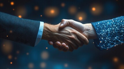Two businesspeople shake hands over a blue background, symbolizing internet connectivity.