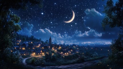 Naklejka premium A small village nestled in a valley under a starry night sky with a crescent moon.